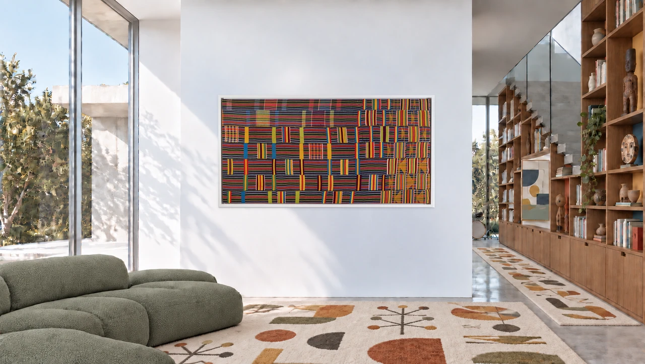 EWE-024 in a contemporary interior with a vintage green sofa and cream geometric carpets