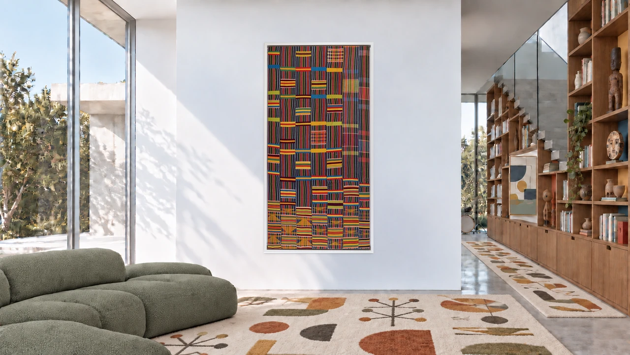Interior visualisation of EWE-024 displayed vertically, preserving the original framed textile, with a vintage sage-green sofa and cream geometric wool carpets.