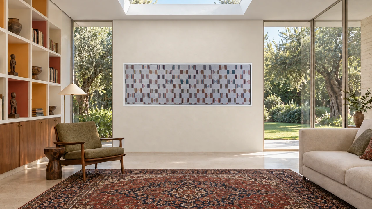 Interior visualisation of EWE-025 in a smaller modernist reading room, with a warm off-white wall flush with the rear windows, a separate skylight, an olive armchair and a white sofa.