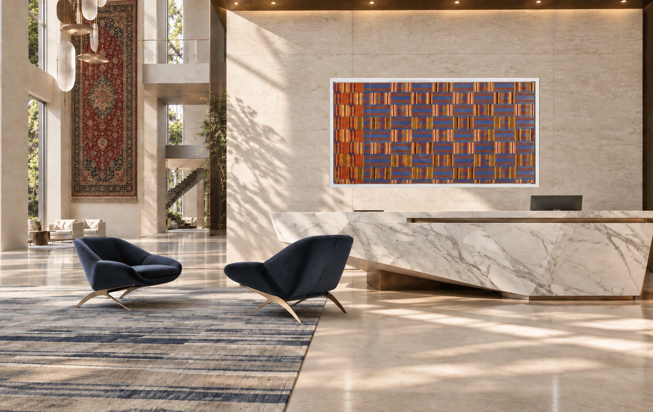 AI interior visualisation of KENTE-027 above a sculptural marble reception desk, with blue lounge chairs and a Persian wall hanging.